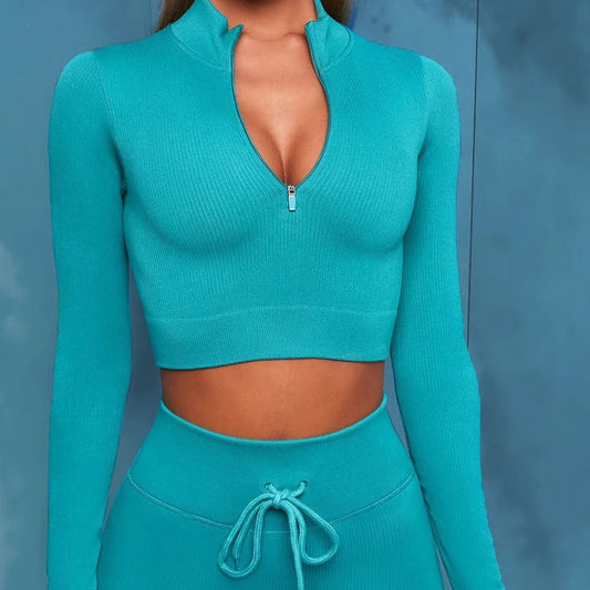 Luxe Rib Contour Cropped  Zipper Long Sleeve Top - TBSW